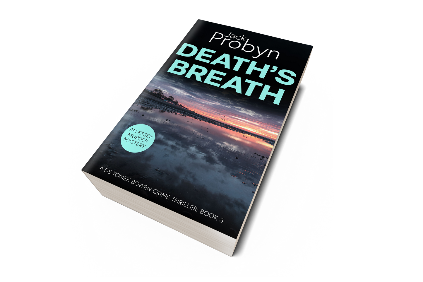 Book cover of Death’s Breath by Jack Probyn. A gritty Essex Murder Mystery showing a wide, mirror-like tidal flat at low tide reflecting a vibrant purple and orange sunset with birds on the horizon. Book 8 in the DS Tomek Bowen series, perfect for fans of JD Kirk and JM Dalgliesh