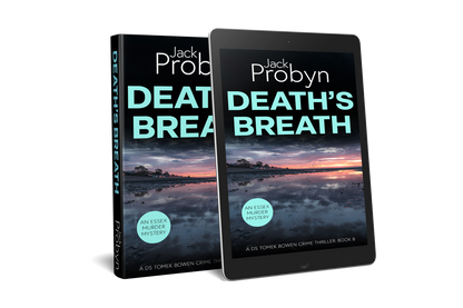 Book cover of Death’s Breath by Jack Probyn. A gritty Essex Murder Mystery showing a wide, mirror-like tidal flat at low tide reflecting a vibrant purple and orange sunset with birds on the horizon. Book 8 in the DS Tomek Bowen series, perfect for fans of JD Kirk and JM Dalgliesh