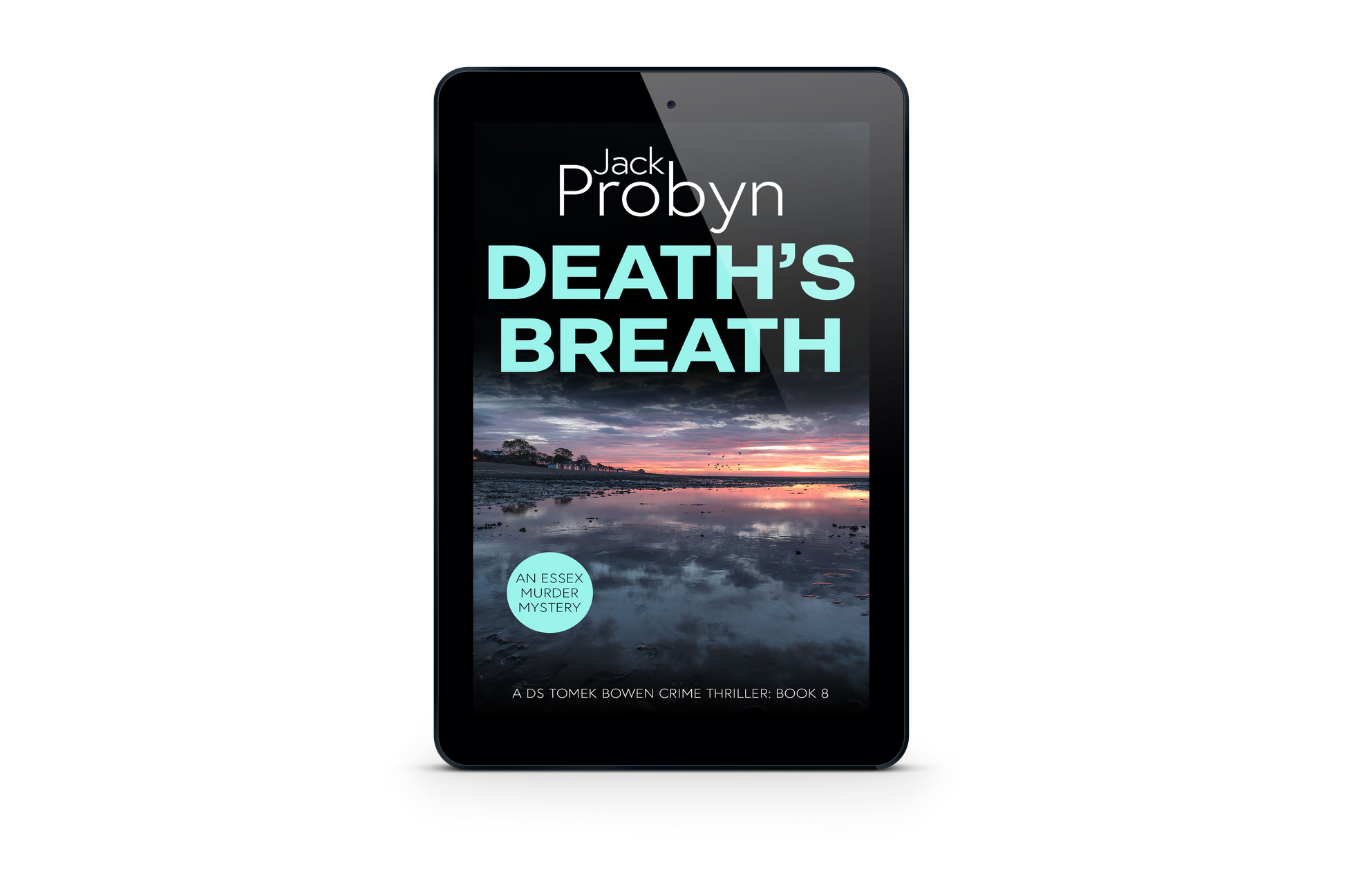 Book cover of Death’s Breath by Jack Probyn. A gritty Essex Murder Mystery showing a wide, mirror-like tidal flat at low tide reflecting a vibrant purple and orange sunset with birds on the horizon. Book 8 in the DS Tomek Bowen series, perfect for fans of JD Kirk and JM Dalgliesh