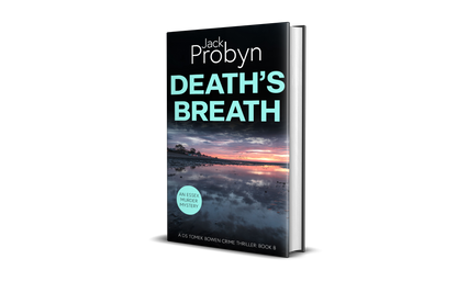 Book cover of Death’s Breath by Jack Probyn. A gritty Essex Murder Mystery showing a wide, mirror-like tidal flat at low tide reflecting a vibrant purple and orange sunset with birds on the horizon. Book 8 in the DS Tomek Bowen series, perfect for fans of JD Kirk and JM Dalgliesh