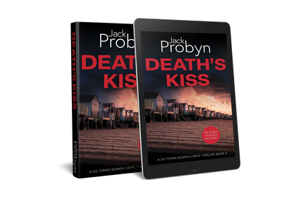 Book cover of Death’s Kiss by Jack Probyn. A gritty Essex Murder Mystery showing a long row of traditional beach huts on a shingle shore at dusk, with birds flying over a pink-hued sky. Book 4 in the DS Tomek Bowen series, perfect for fans of JD Kirk and JM Dalgliesh