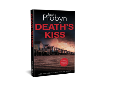 Book cover of Death’s Kiss by Jack Probyn. A gritty Essex Murder Mystery showing a long row of traditional beach huts on a shingle shore at dusk, with birds flying over a pink-hued sky. Book 4 in the DS Tomek Bowen series, perfect for fans of JD Kirk and JM Dalgliesh