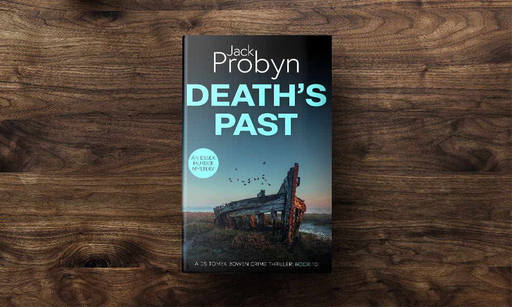Book cover of Death’s Past by Jack Probyn. A gritty Essex Murder Mystery featuring the skeleton of a wooden shipwreck abandoned in a salt marsh at dawn, with birds flying overhead. Book 10 in the DS Tomek Bowen series, perfect for fans of JD Kirk and JM Dalgliesh