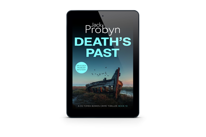 Book cover of Death’s Past by Jack Probyn. A gritty Essex Murder Mystery featuring the skeleton of a wooden shipwreck abandoned in a salt marsh at dawn, with birds flying overhead. Book 10 in the DS Tomek Bowen series, perfect for fans of JD Kirk and JM Dalgliesh