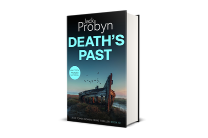 Book cover of Death’s Past by Jack Probyn. A gritty Essex Murder Mystery featuring the skeleton of a wooden shipwreck abandoned in a salt marsh at dawn, with birds flying overhead. Book 10 in the DS Tomek Bowen series, perfect for fans of JD Kirk and JM Dalgliesh