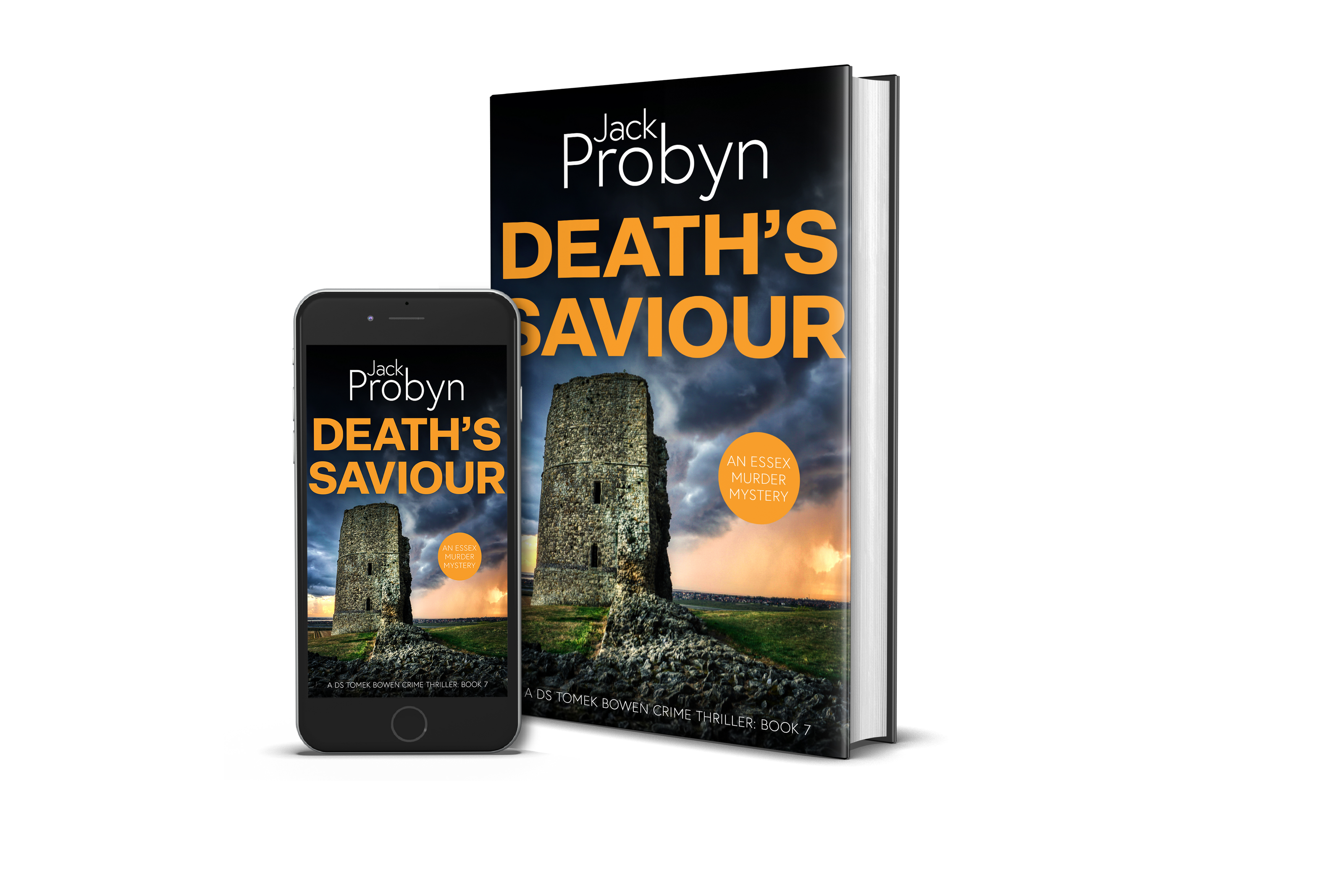 Book cover of Death’s Saviour by Jack Probyn. A gritty Essex Murder Mystery featuring a tall, crumbling stone ruin of a coastal tower under a dramatic, stormy sky at sunset. Book 7 in the DS Tomek Bowen series, perfect for fans of JD Kirk and JM Dalgliesh.
