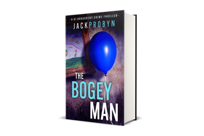 Book cover for The Bogeyman, a DI Broadbent crime thriller by Jack Probyn. A single, vibrant blue balloon on a string floats in front of a dark, grimy wall next to a framed child's drawing of a rainbow and flowers.