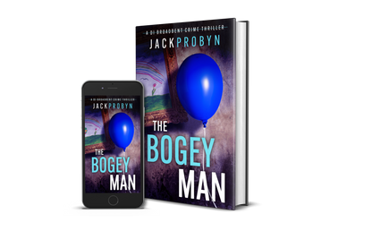 Book cover for The Bogeyman, a DI Broadbent crime thriller by Jack Probyn. A single, vibrant blue balloon on a string floats in front of a dark, grimy wall next to a framed child's drawing of a rainbow and flowers.